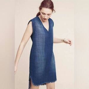 Cloth & Stone Quilted Chambray Blue Midi Dress Boho Chic Raw Hem Relaxed Fit XS